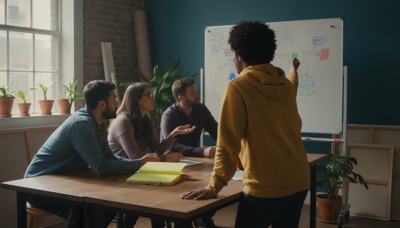 Group of diverse people brainstorming and discussing ideas in a creative environment, vibrant colors, dynamic composition