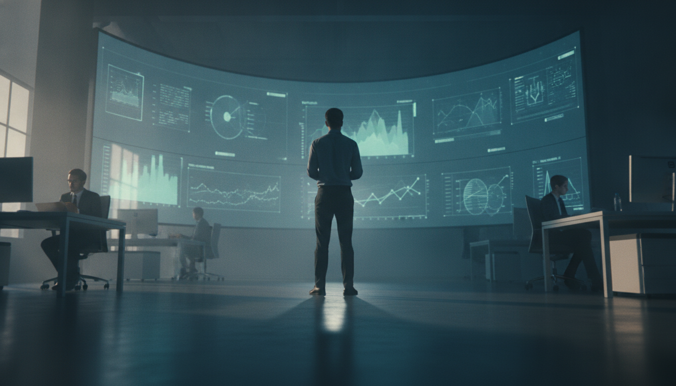 atualização de sites — A modern office with people analyzing dashboards, soft natural lighting, professional photography style