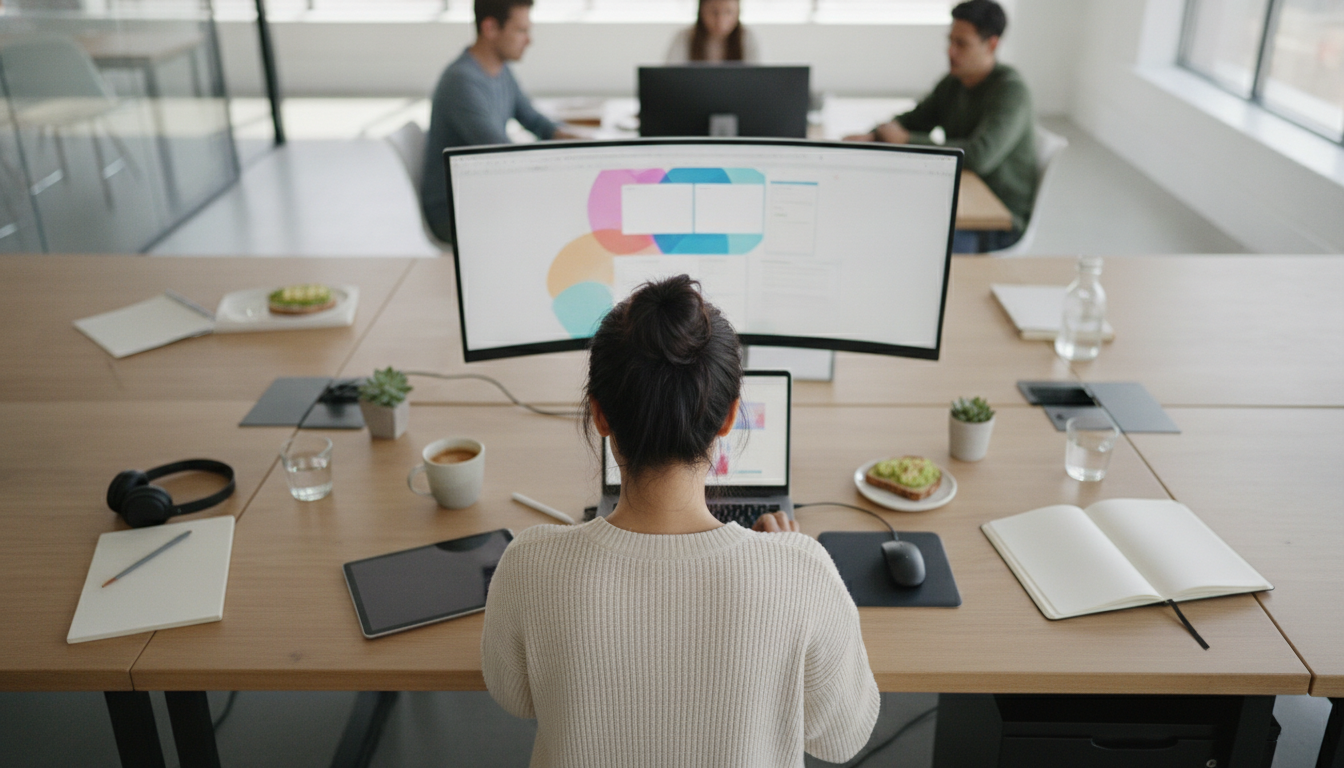 A team of diverse professionals working on a website design in a modern office, bright and collaborative atmosphere