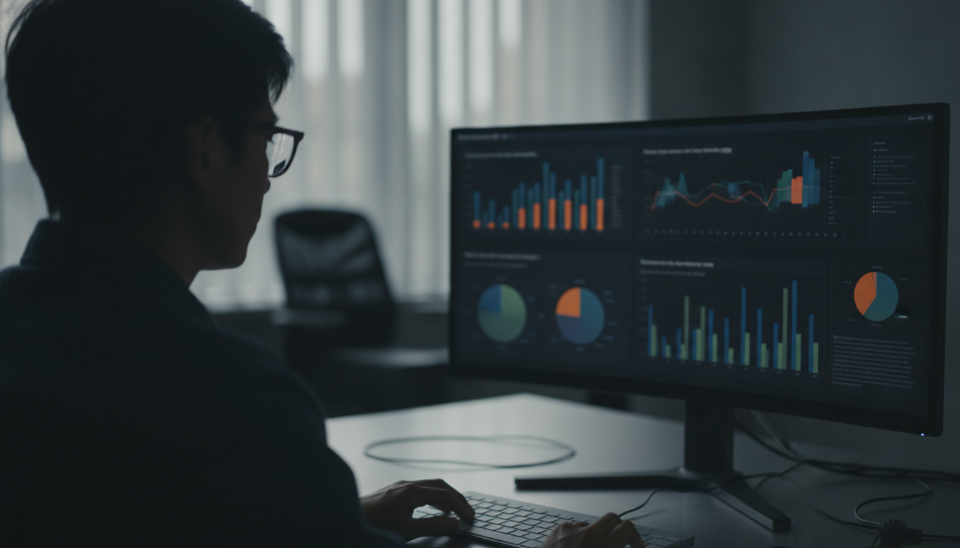inteligência artificial marketing — A modern office with people analyzing dashboards, soft natural lighting, professional photography style