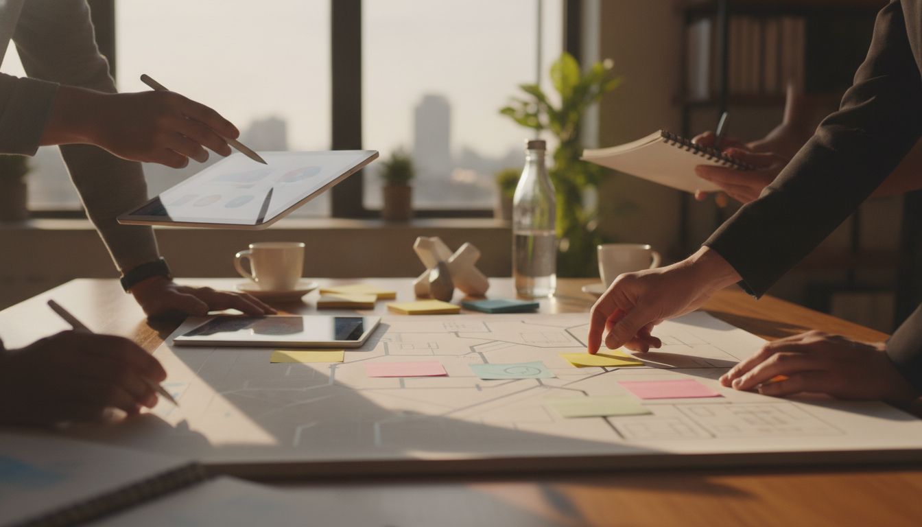 A diverse team of professionals working on a digital marketing strategy, bright office environment, high-quality image