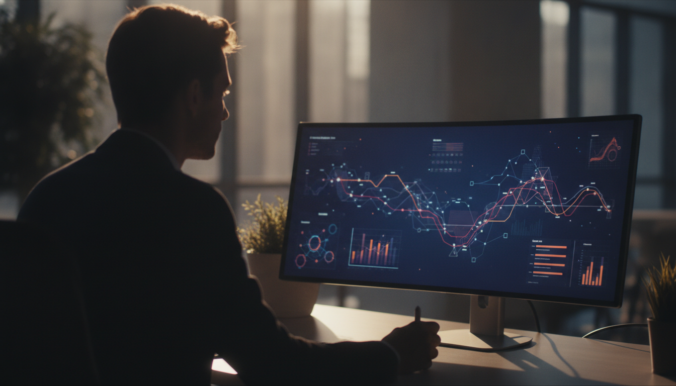 A close-up of a digital dashboard showing analytics and AI-driven insights, modern and sleek design