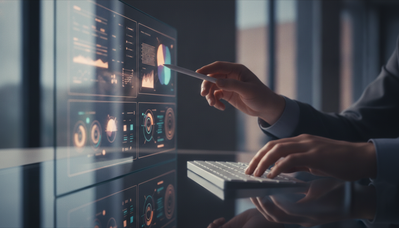 webinars interativos — A modern office with people analyzing dashboards, soft natural lighting, professional photography style