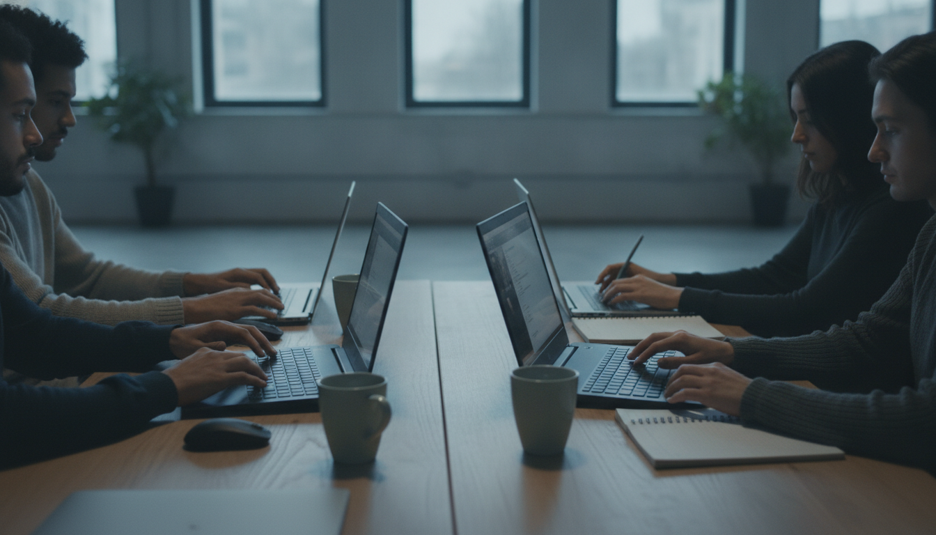 A group of people attending an online webinar session, computers on desks, focused expressions, professional atmosphere