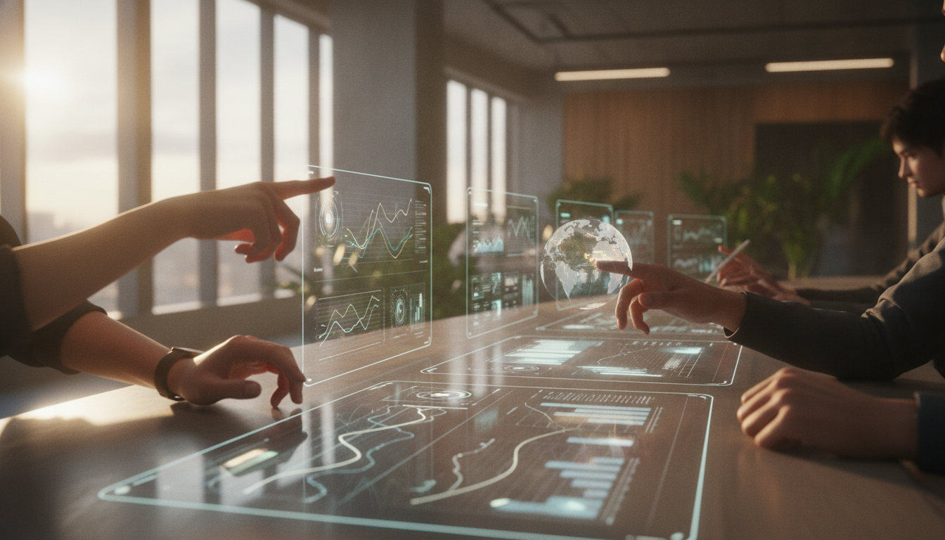design UX conversões — a modern office with people analyzing dashboards, soft natural lighting, professional photography style