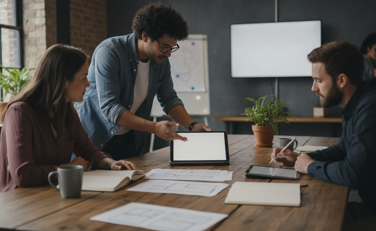 a group of diverse people discussing a website project in a modern office, collaborative environment