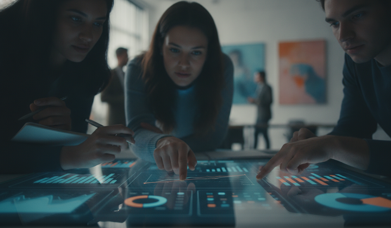 redes sociais visuais — A modern office with people analyzing dashboards, soft natural lighting, professional photography style