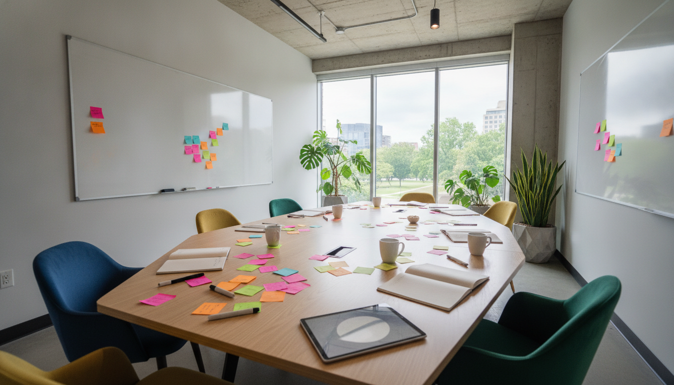 A creative team brainstorming in a modern office, vibrant colors, collaborative atmosphere