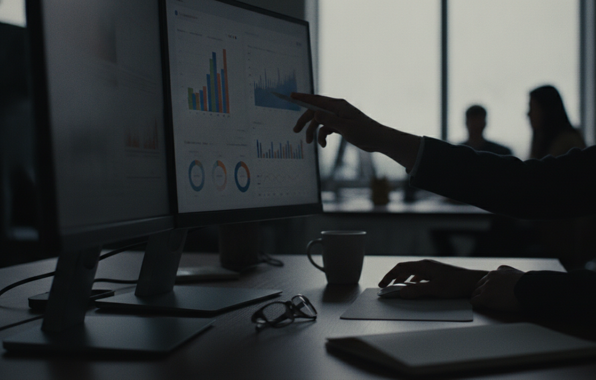 content curation — A modern office with people analyzing dashboards, soft natural lighting, professional photography style