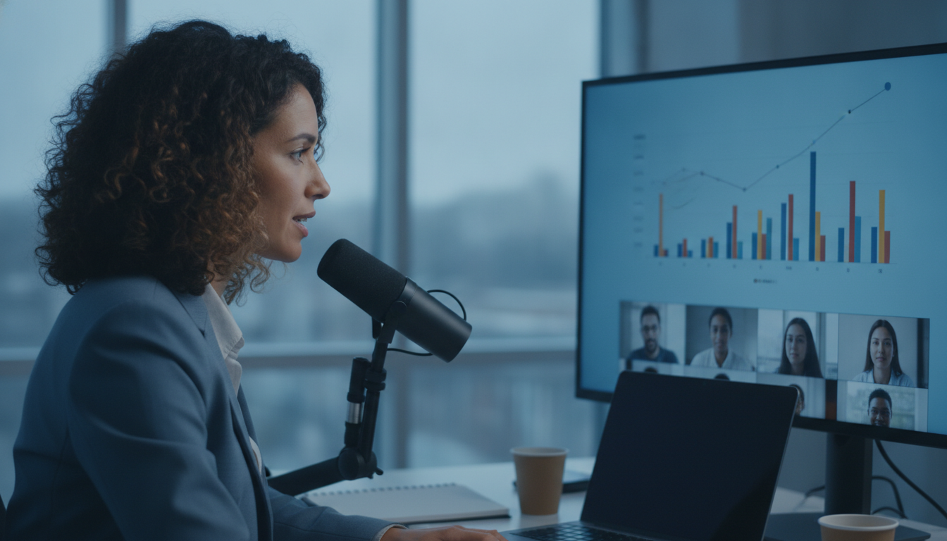 A person giving a webinar online to an engaged audience, with charts and graphs visible on a screen
