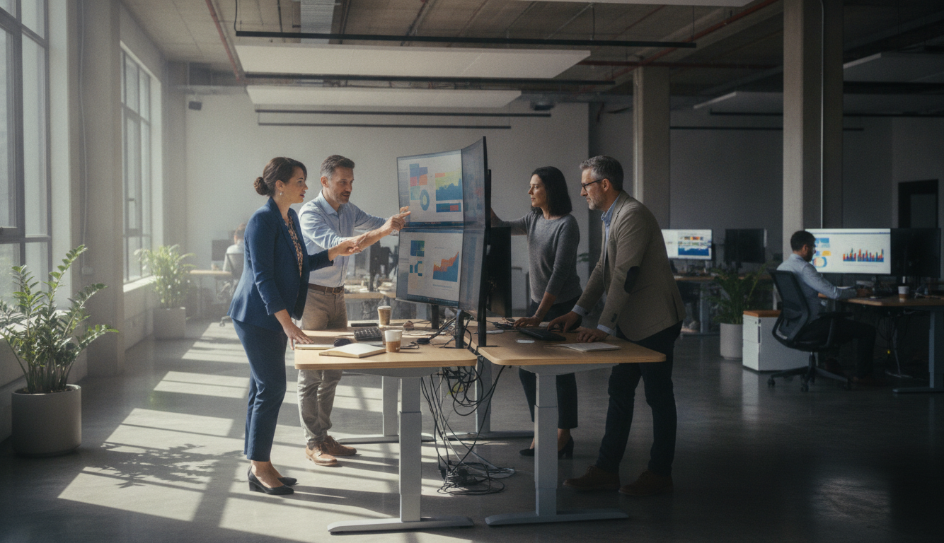 transformar conversões — A modern office with people analyzing dashboards, soft natural lighting, professional photography style