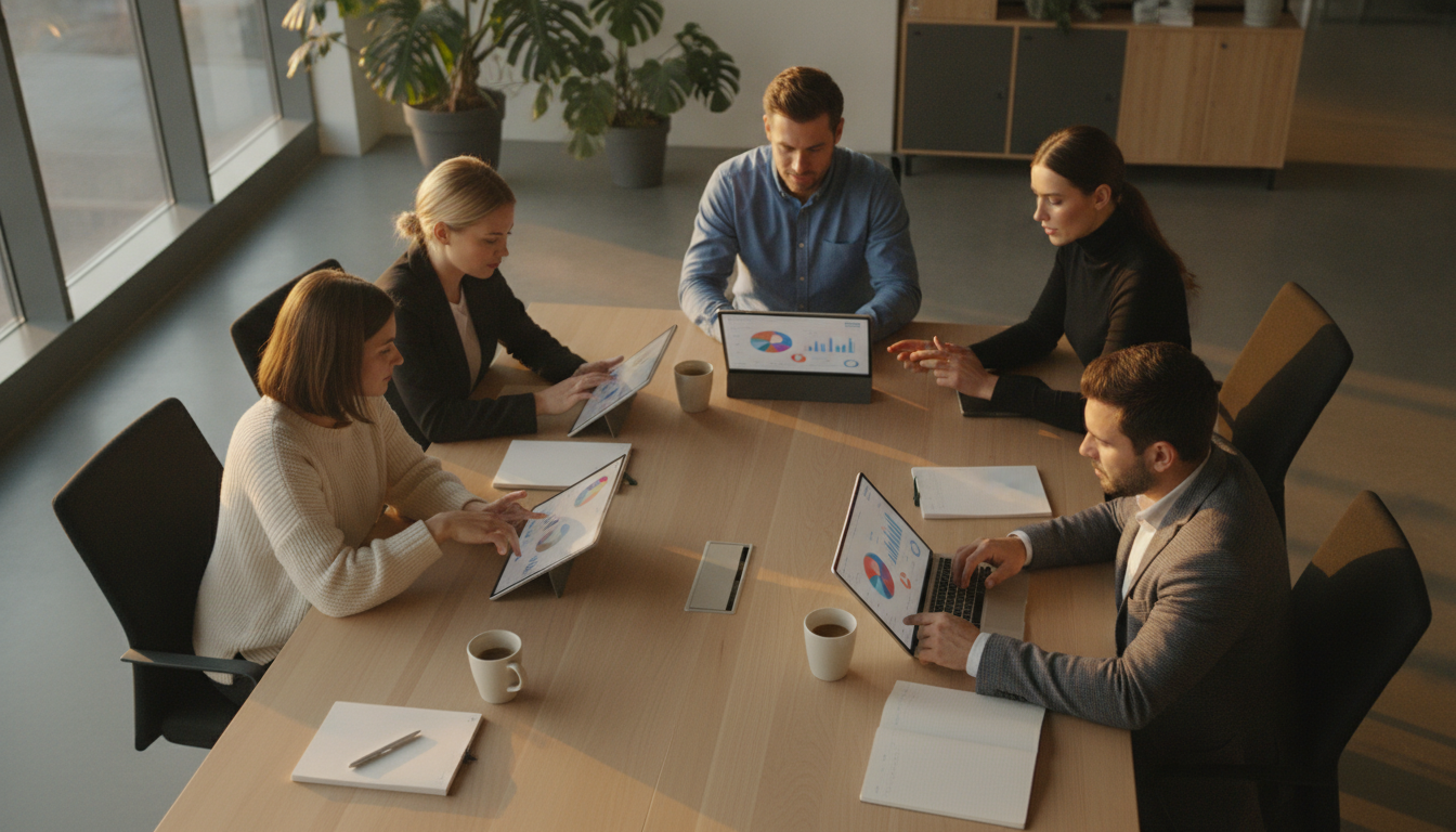 criação de sites eficientes — A modern office with people analyzing dashboards, soft natural lighting, professional photography style