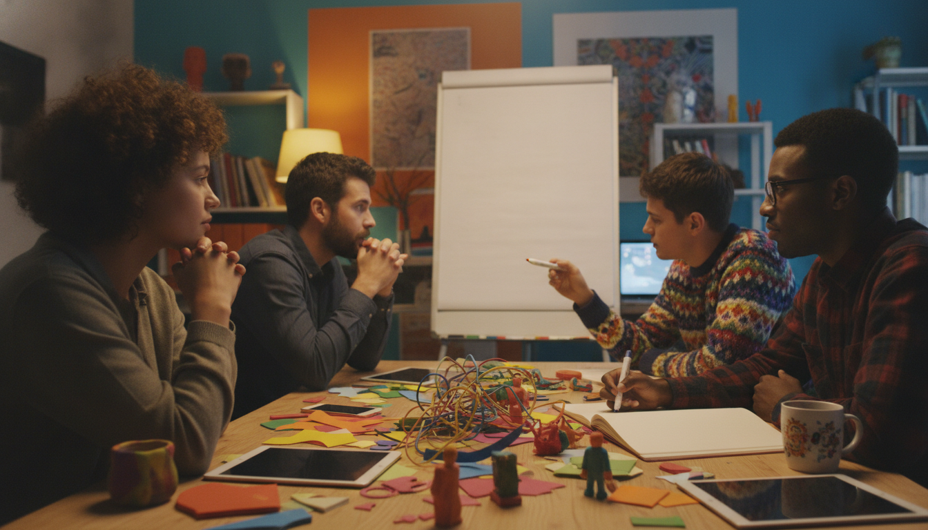 A creative workspace with diverse people brainstorming ideas, bright colors, inspirational atmosphere