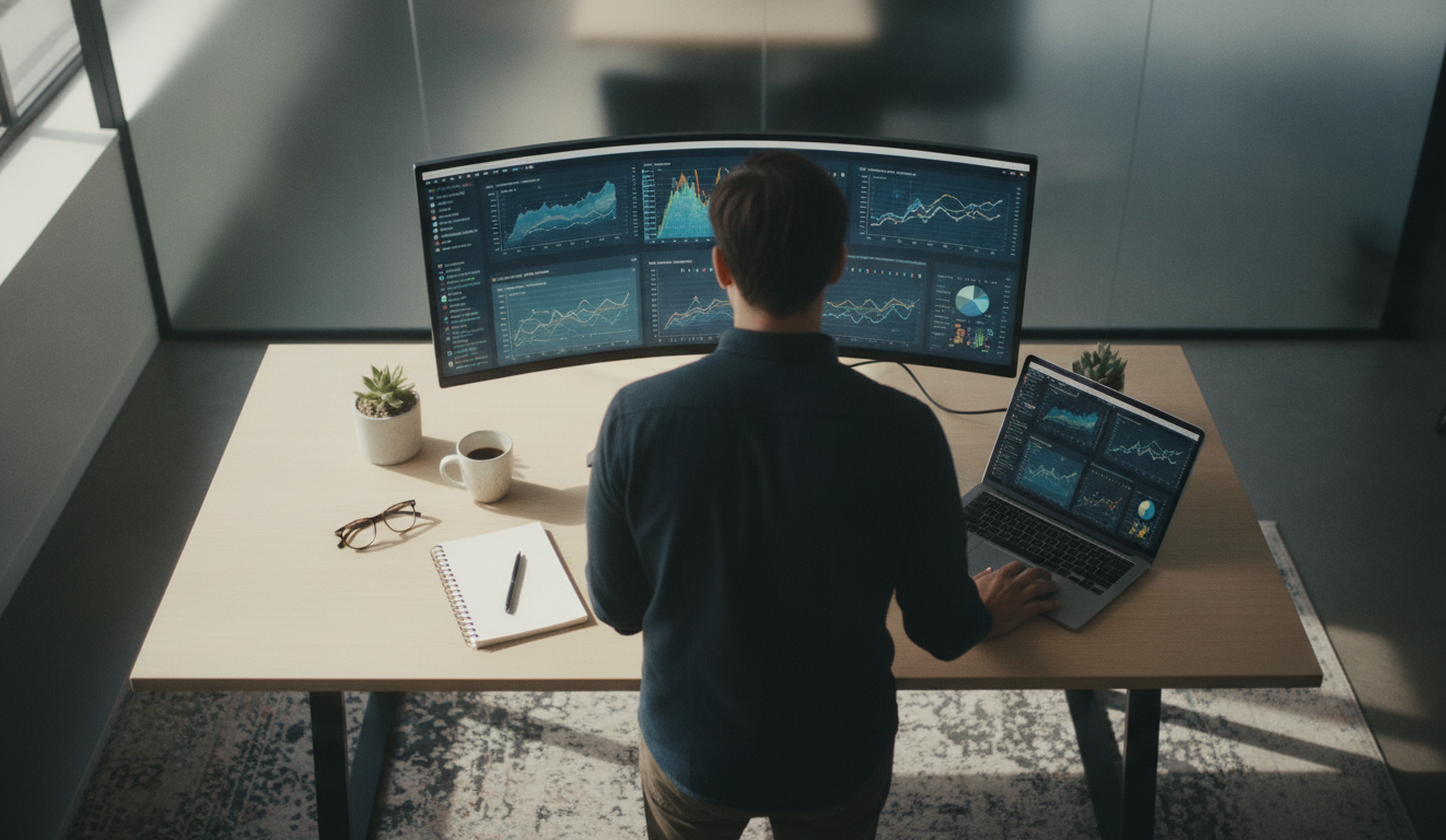 automação de marketing — A modern office with people analyzing dashboards, soft natural lighting, professional photography style