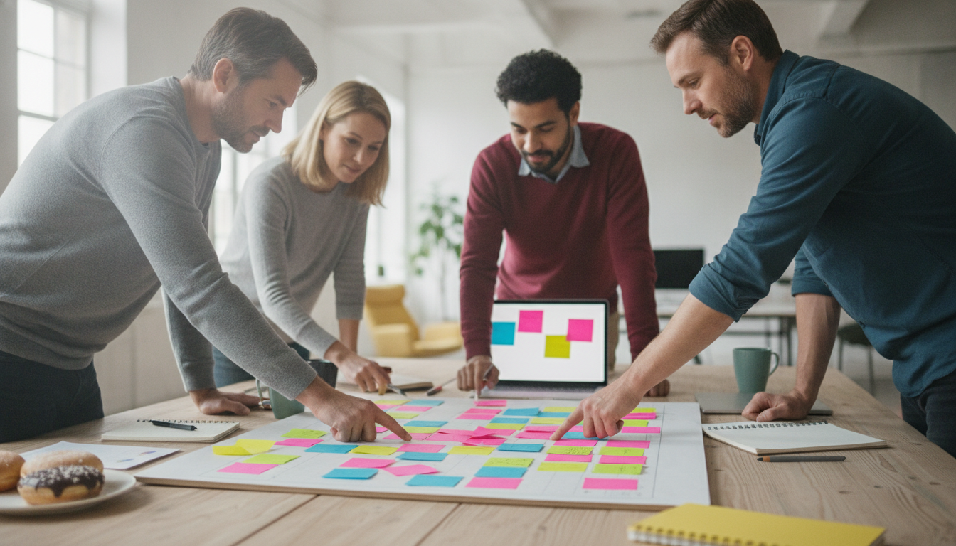 A creative workspace with colorful post-it notes, laptops, and a team brainstorming ideas, bright lighting, modern style