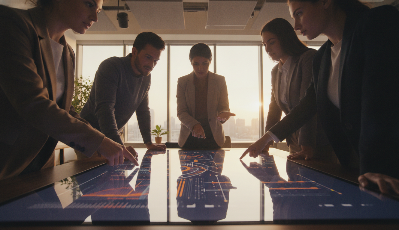 A sleek office setting with team members discussing over a large touchscreen displaying analytics, modern and dynamic atmosphere
