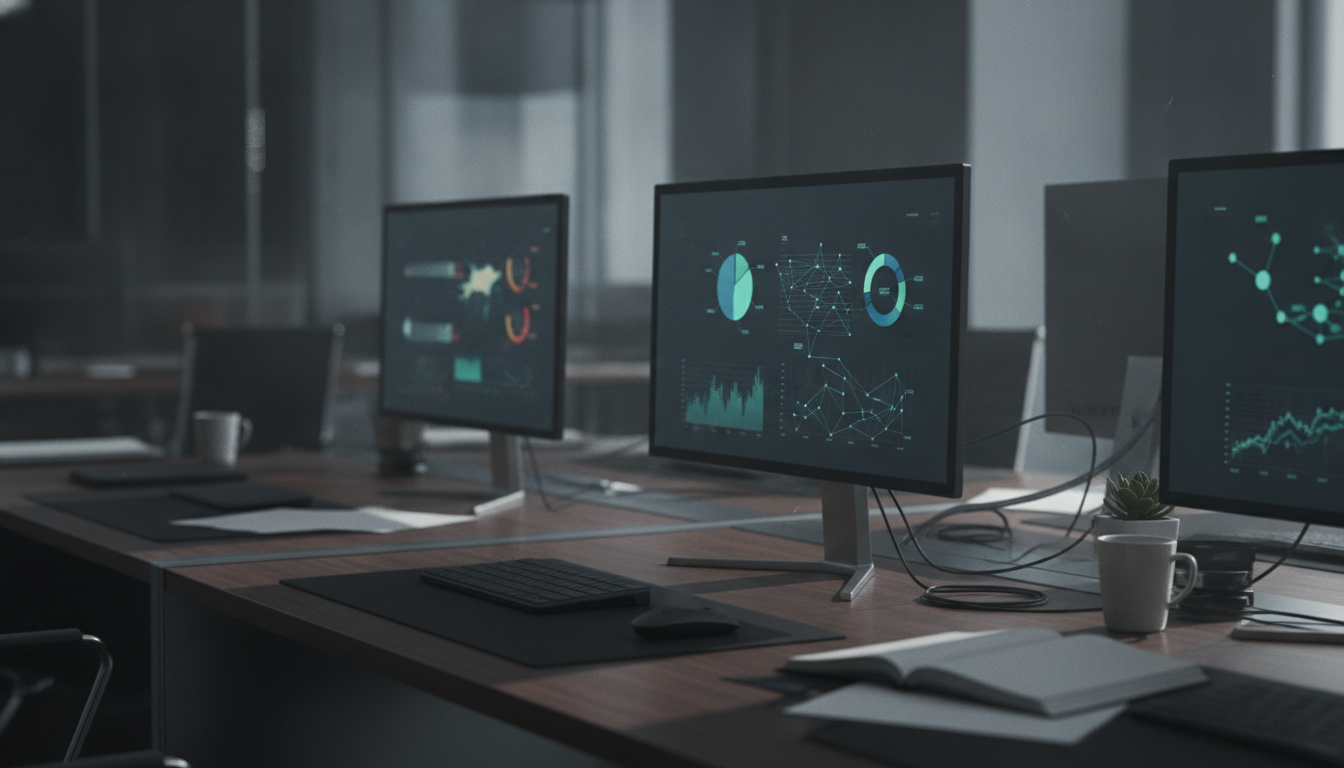 estratégias de site — A modern office with people analyzing dashboards, soft natural lighting, professional photography style