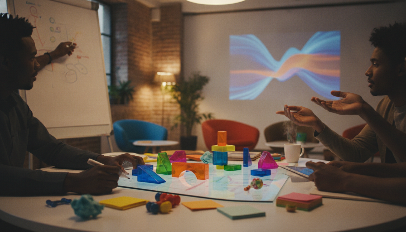 A group of diverse people engaged in a brainstorming session in a modern office setting, bright and vibrant colors