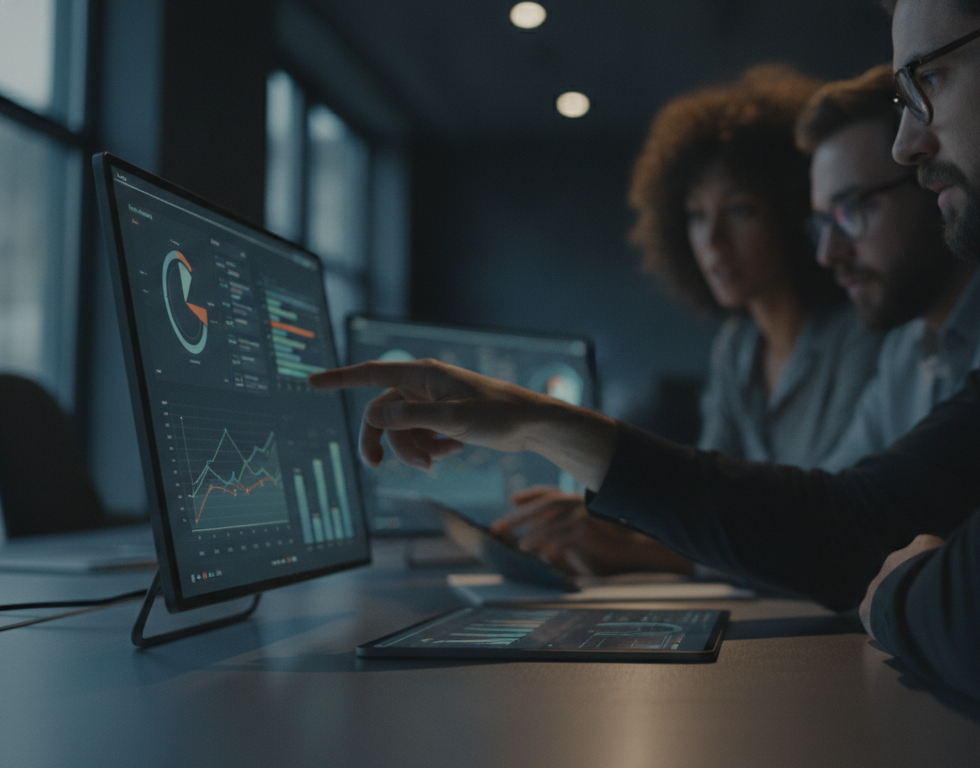 relacionamento autêntico — A modern office with people analyzing dashboards, soft natural lighting, professional photography style