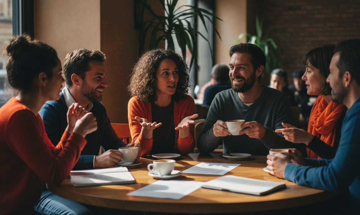 A group of diverse people engaged in a lively discussion, bright and vibrant colors, professional photography style