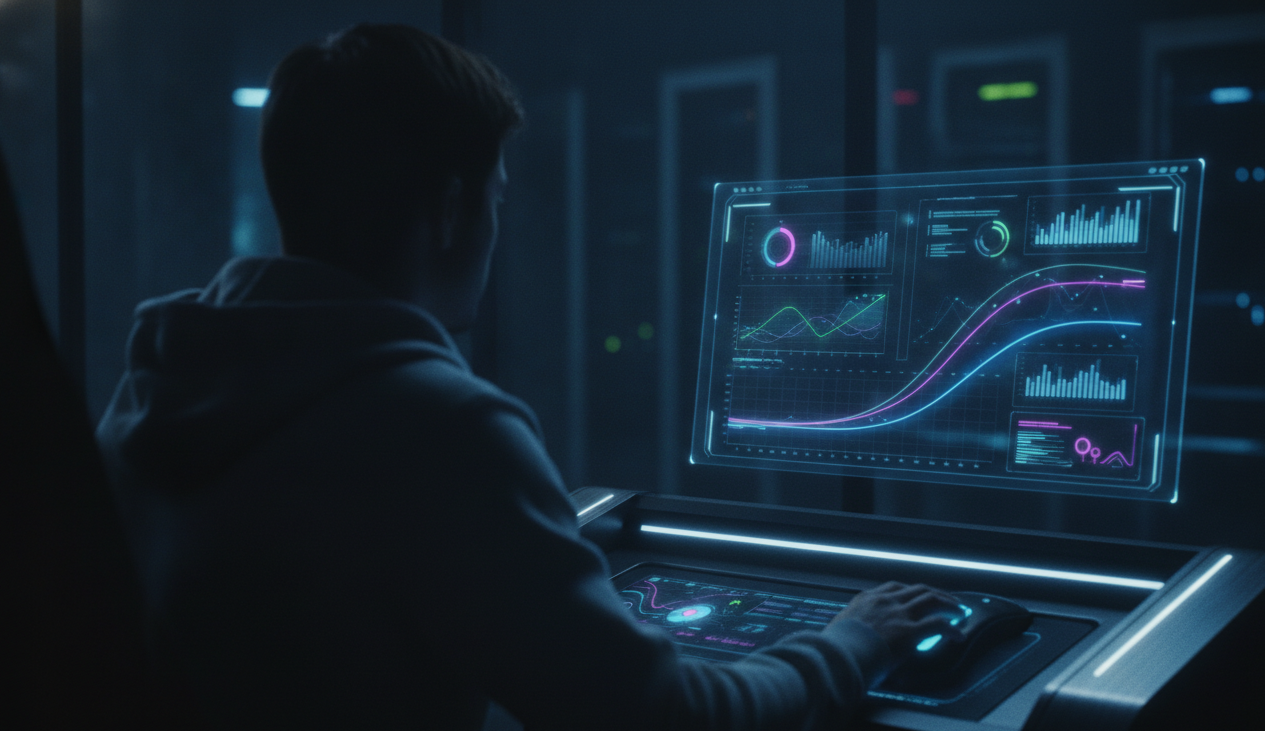 A digital interface displaying various analytical graphs and charts, futuristic and tech-savvy vibe