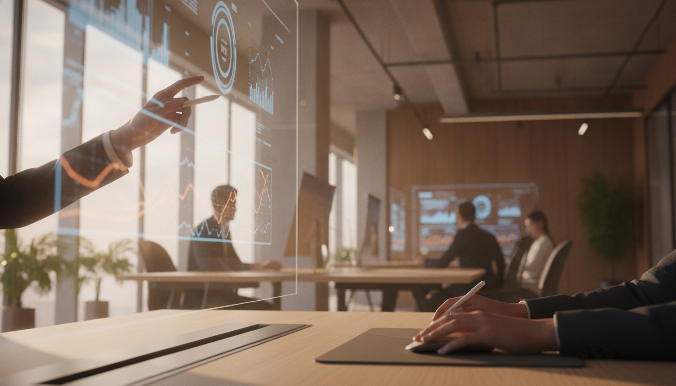 atualização constante — A modern office with people analyzing dashboards, soft natural lighting, professional photography style