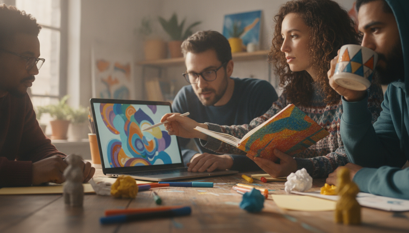 A team collaborating on a laptop, vibrant colors, creative workspace