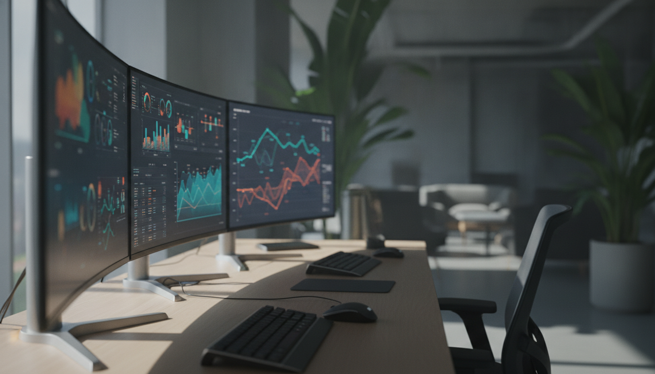 fluxo de trabalho digital — A modern office with people analyzing dashboards, soft natural lighting, professional photography style