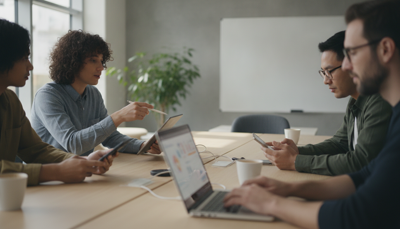 A team collaborating in a modern workspace with digital devices, bright and engaging atmosphere