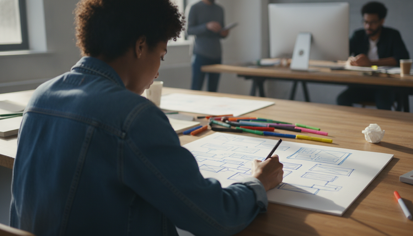 práticas de UX — A team of designers working on user interface design sketches, bright office setting, collaborative workspace, professional photography style