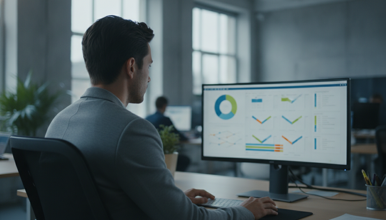 estratégia digital — A modern office with people analyzing dashboards, soft natural lighting, professional photography style