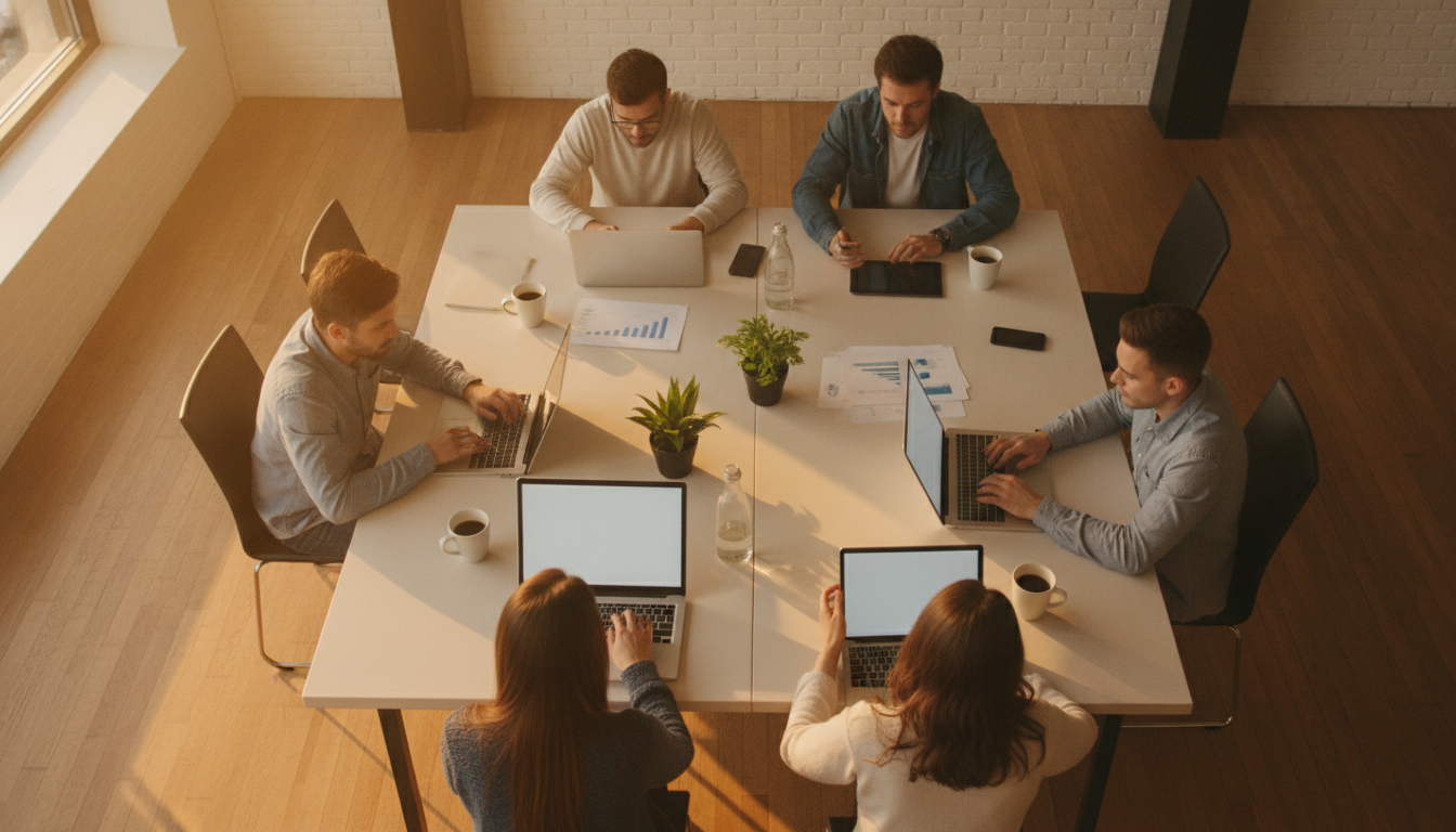 A group of professionals working on laptops and tablets in a modern coworking space, bright natural light
