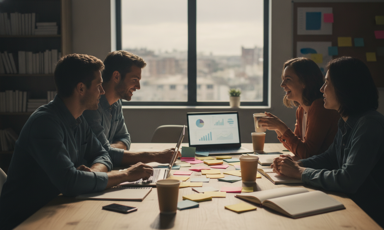 A vibrant social media team brainstorming around a table with colorful sticky notes and laptops