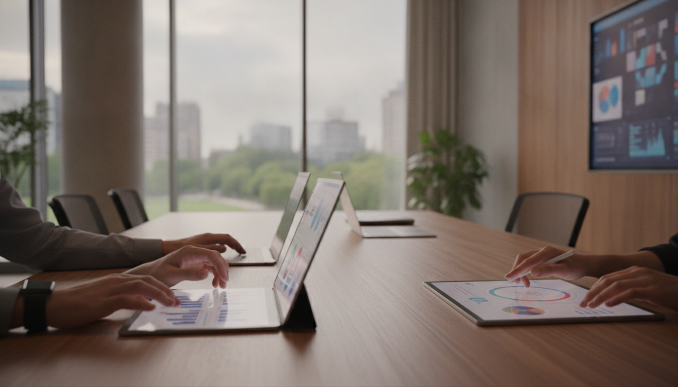 integração redes sociais — A modern office with people analyzing dashboards, soft natural lighting, professional photography style