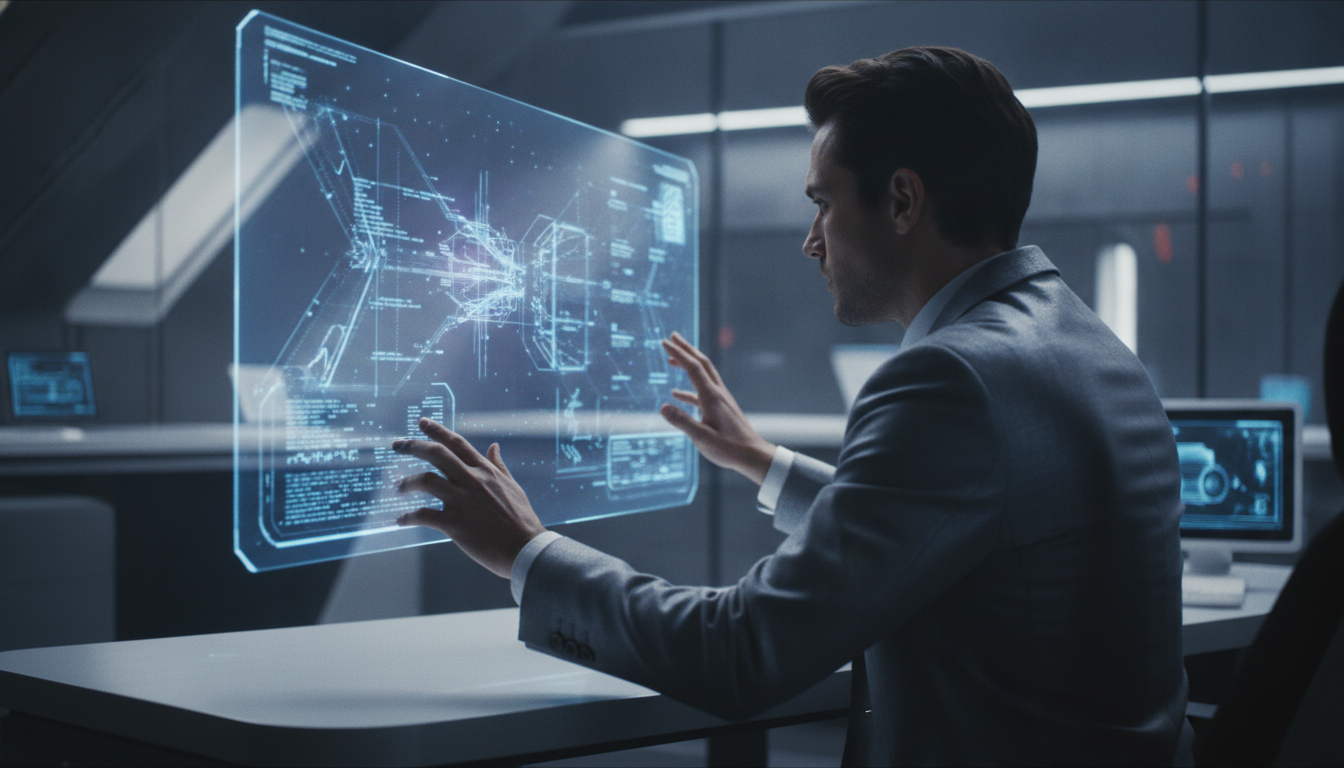 Employees collaborating in a high-tech workspace with holographic interfaces, futuristic design, professional photography style