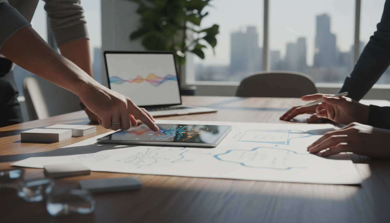 empatia digital — A group of diverse professionals discussing a digital marketing strategy in a modern office setting, bright and airy atmosphere