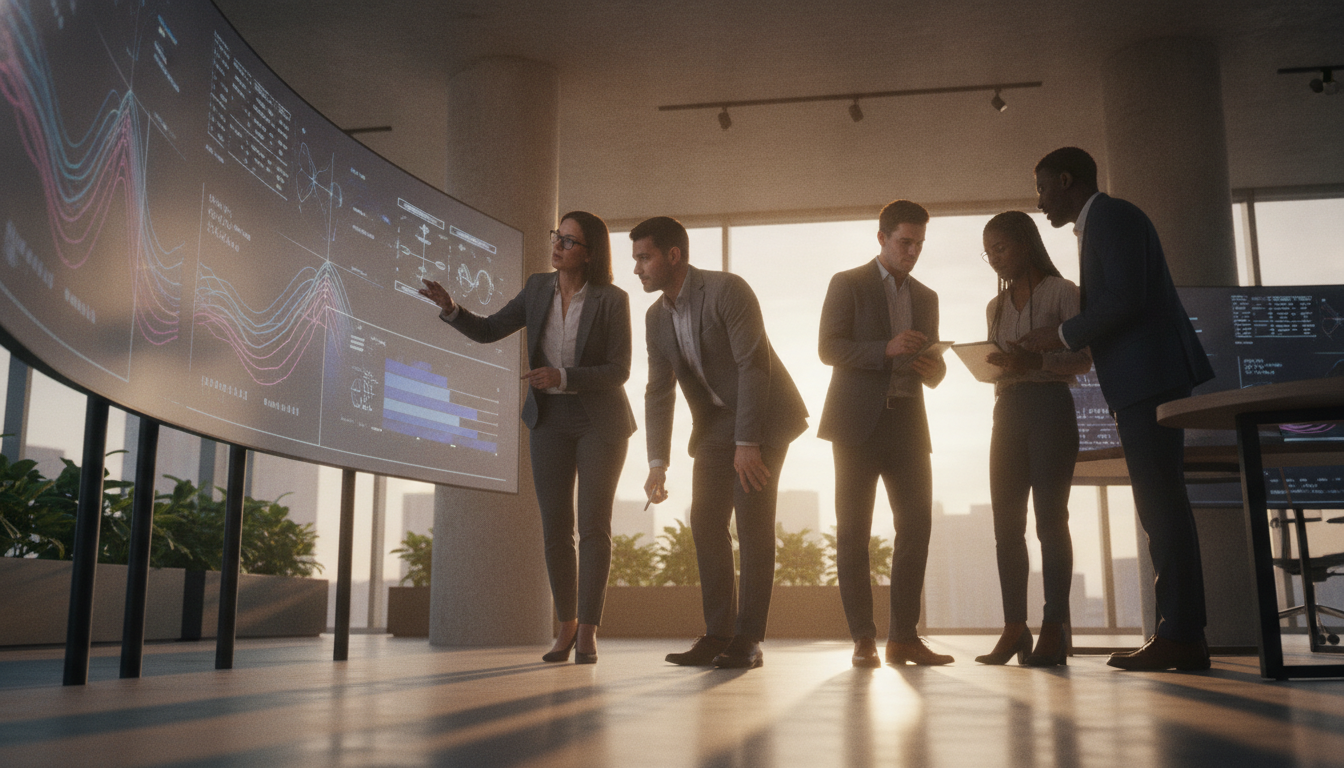 análise de dados — A modern office with people analyzing dashboards, soft natural lighting, professional photography style