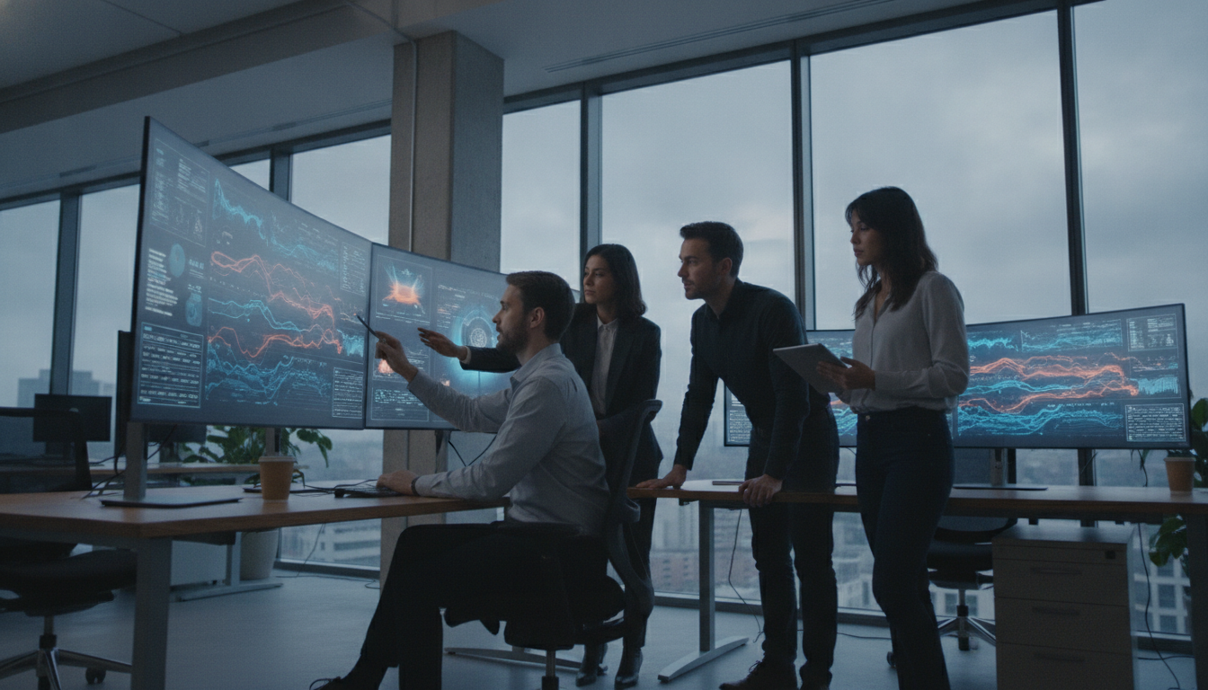 bastidores sites que convertem — A modern office with people analyzing dashboards, soft natural lighting, professional photography style