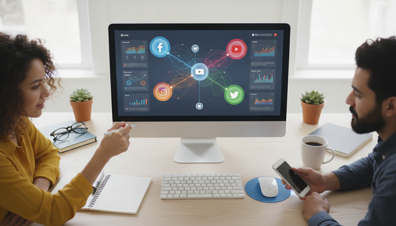 A close-up of a computer screen showing social media integration tools, vibrant colors and dynamic interface
