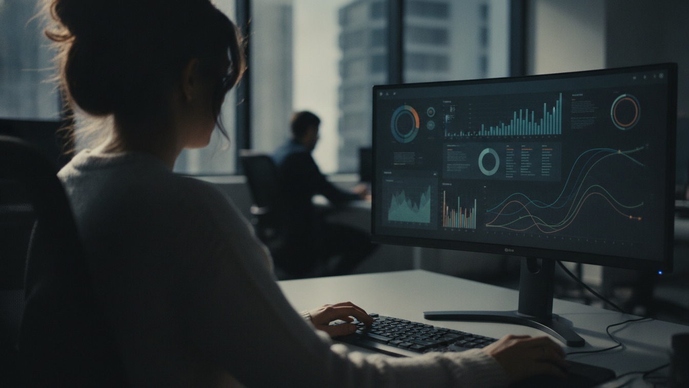 modelos de site — A modern office with people analyzing dashboards, soft natural lighting, professional photography style