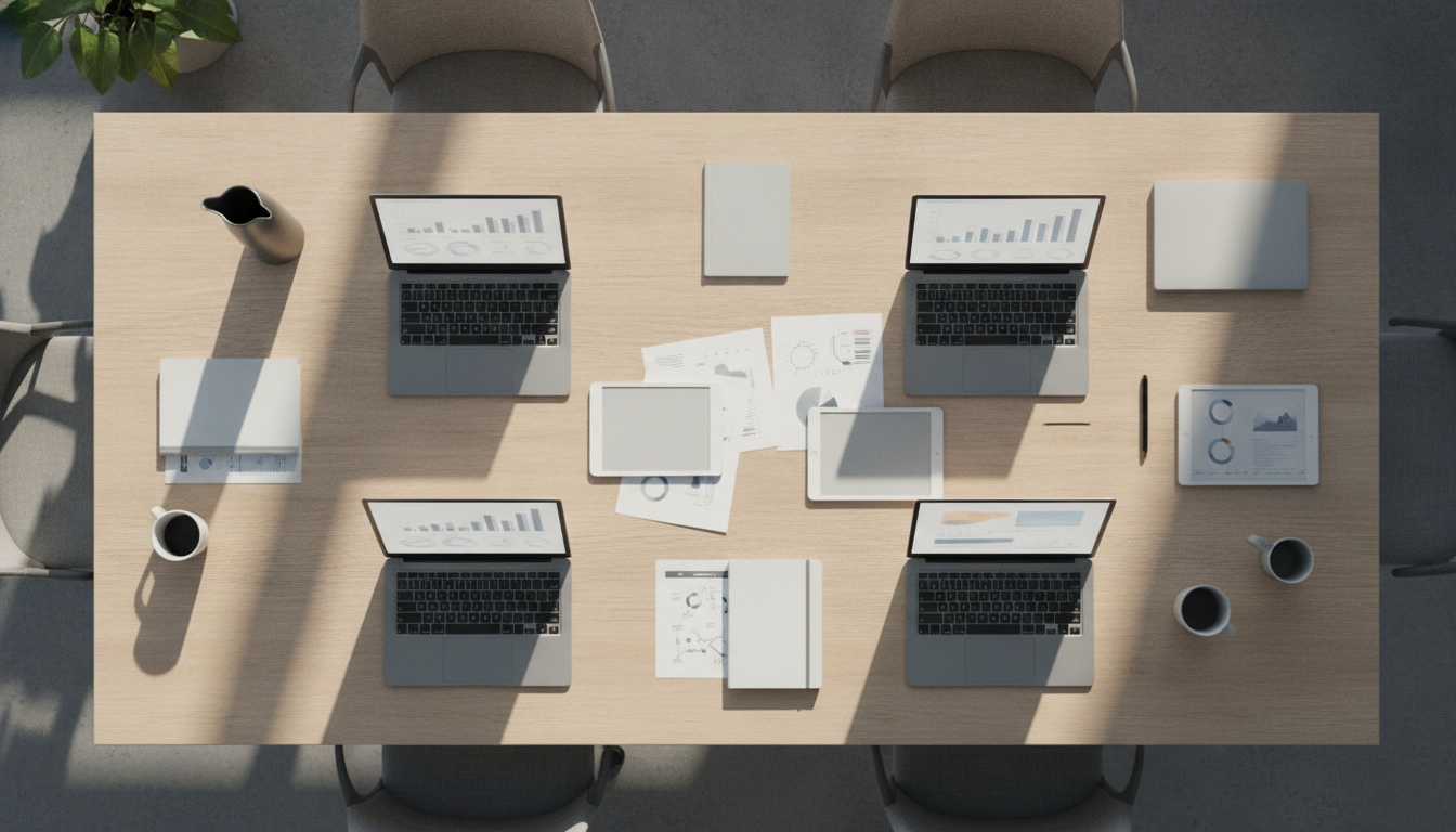 captura de leads — A modern office with people analyzing dashboards, soft natural lighting, professional photography style