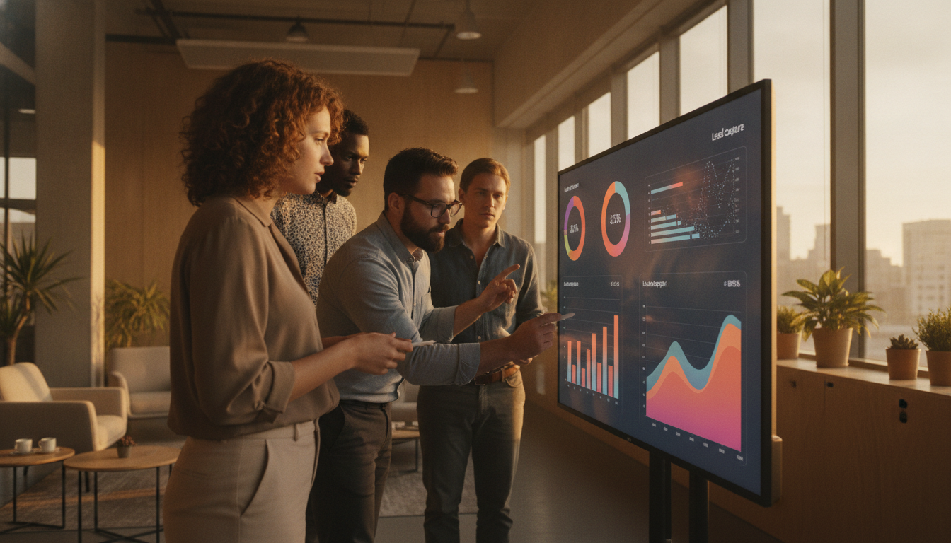 A digital dashboard displaying lead capture metrics, vibrant colors, modern interface