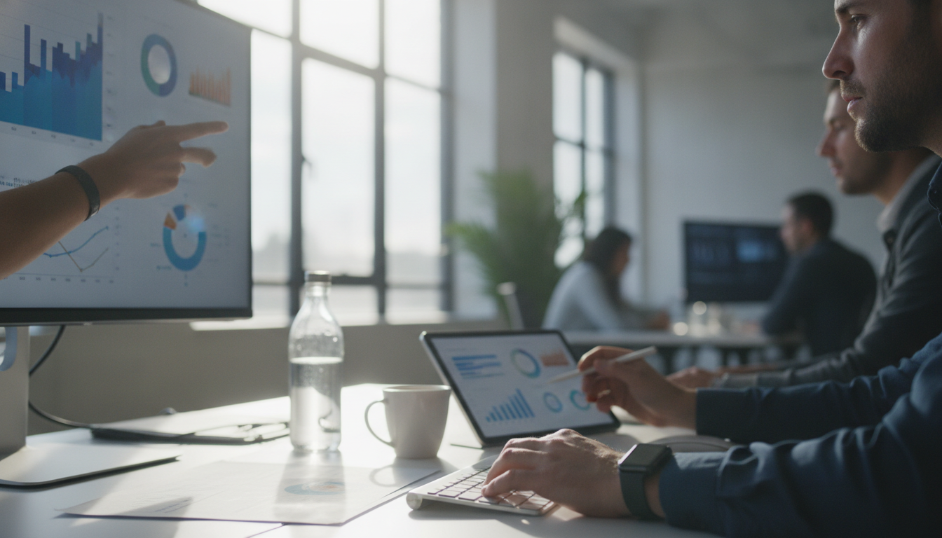 gestão de redes sociais — A modern office with people analyzing dashboards, soft natural lighting, professional photography style