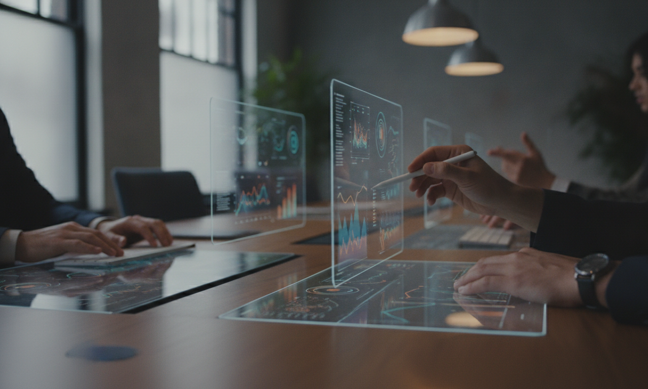 design responsivo — A modern office with people analyzing dashboards, soft natural lighting, professional photography style