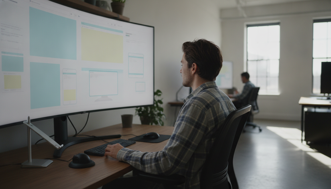 A team of designers working on a large screen with responsive web designs, bright office space, modern tech equipment
