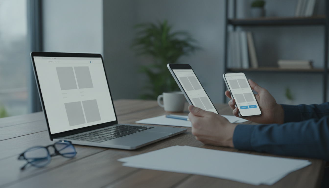 A responsive website displayed on a laptop, tablet, and smartphone on a wooden desk, natural lighting