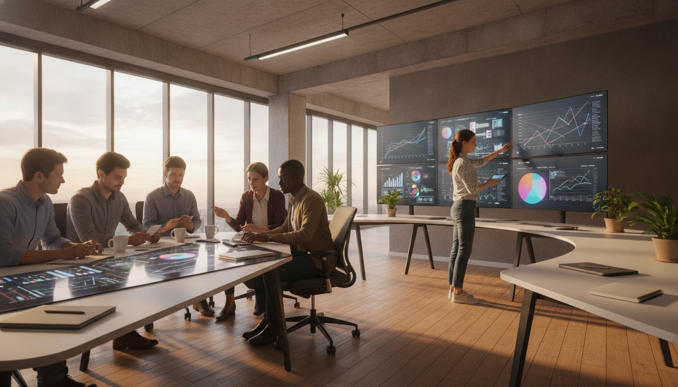 sites humanizados — A modern office with people analyzing dashboards, soft natural lighting, professional photography style