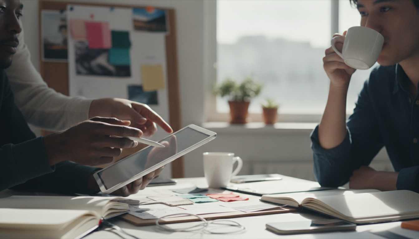 A creative team brainstorming in a bright office, with mood boards and digital devices, captured in a vibrant and engaging style
