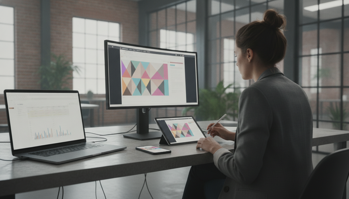 A team of professionals updating a website on multiple devices, showing collaboration and modern technology, professional photography style