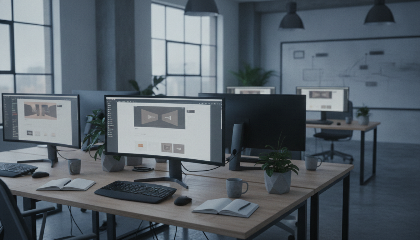 sites customizados — A modern workspace with designers working on website layouts, bright lighting, and creative atmosphere